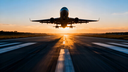 An airplane ascends into the sky during sunset, with a runway visible in the foreground and a colorful sky in the background.