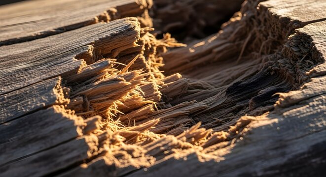 Close-up of weathered wood with splintered texture, illuminated by warm, cinematic light, showcasing intricate fiber details