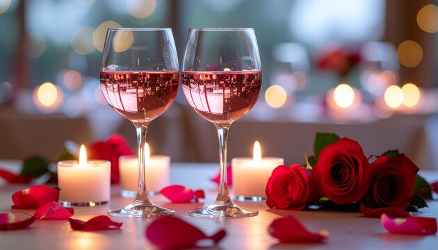 ロゼワインの入ったエレガントなワイングラスと、赤いバラ、キャンドルの光が輝くロマンチックな夜 - Powered by Adobe