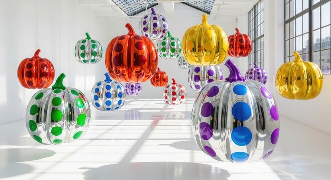 Colorful pumpkin balloons floating in a white room for halloween celebration