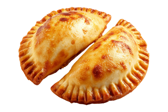 Argentina and Uruguay empanadas stacked in a pyramid, golden baked crust, meat and potato filling, isolated on white transparent background, concept of traditional South American Cuisine