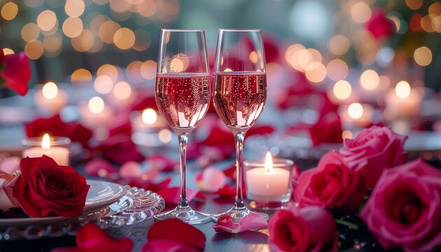 特別な日のディナーに：キャンドルの暖かい光に包まれた二つのシャンパングラスと赤いバラ、ボケの背景