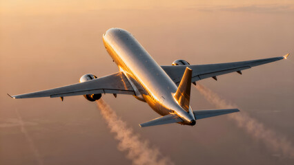 Fototapeta premium A commercial airplane flying high in the sky during sunset, leaving vapor trails behind. The golden light reflects off the aircraft's surface.