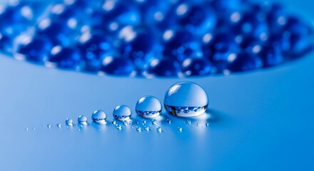 Macro shot of water droplets in varying sizes on a blue surface with background sphere blur, concept for hydration, purity and science experiment