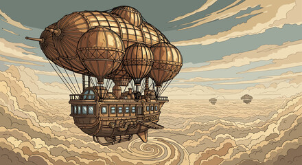 A magnificent steampunk airship with multiple balloons soars majestically above a vast sea of swirling clouds.