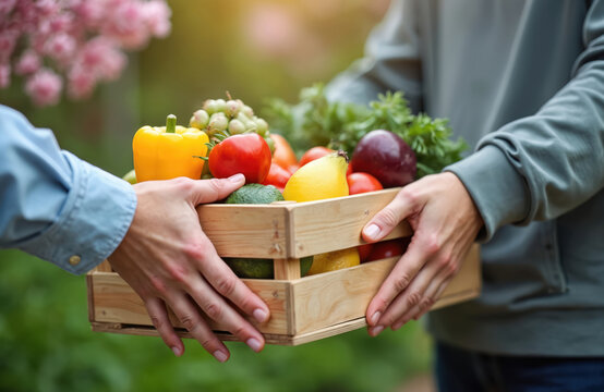 Hands exchange wooden crate filled with fresh produce like bell peppers tomatoes lemons and grapes. One person gives box of fruit vegetables to another outside near pink flowers.