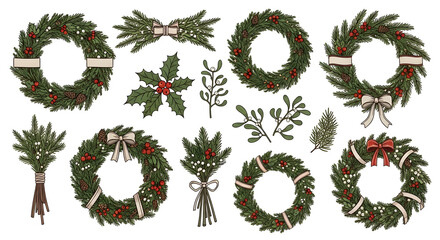 Festive Christmas Wreaths and Holly Sprigs with Red Berries and Bows