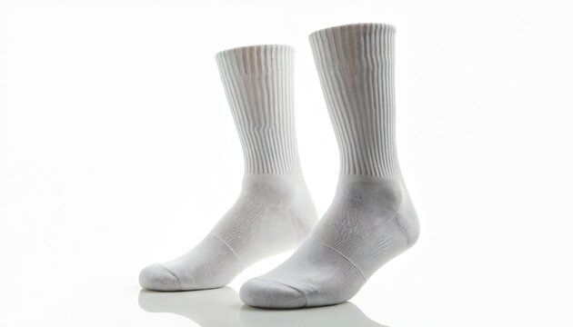 Two white tall sports socks stand on clean background. These new athletic garments are fresh. They offer comfort, support for feet. Ideal activewear for daily use, workout, tennis game, exercise, gym.