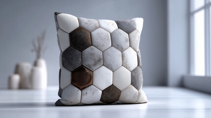 Hexagon leather pillow with geometric patchwork