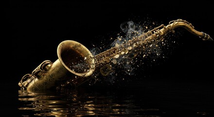 Golden saxophone sinking in water with splash effect.