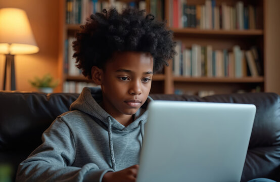 Teenage boy intently uses laptop at home. Focused expression suggests online learning personal project. Warm lighting highlights comfortable living space with bookshelf backdrop. Represents digital