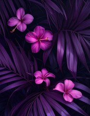 Purple flowers & fan palm fronds, dark & vibrant