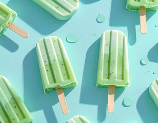 Green popsicles cast shadows on a light blue background