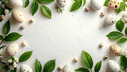 Eggs, greenery, flowers frame white textured surface