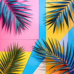 Palm fronds on geometric vibrant pink, yellow, orange background