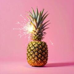 Pineapple topped with sparkler against a pink backdrop