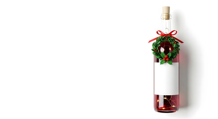 Christmas wine bottle with festive wreath and fairy lights, perfect for holiday celebrations