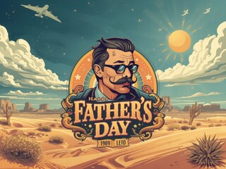 Father s day desert landscape with retro man and airplane