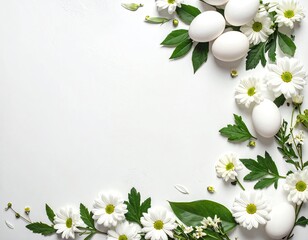 White eggs & daisies arrangement on a white background