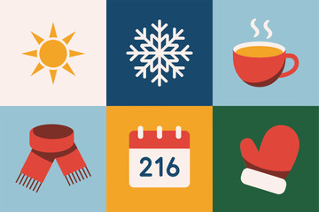 Flat vector icons for cold weather, featuring sun, snowflake, calendar, scarf, and warm cup of tea,