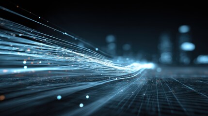 Dynamic light trails representing technology and digital innovation in a futuristic setting.