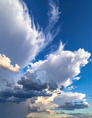 Billowing clouds drift under a clear, vibrant blue sky