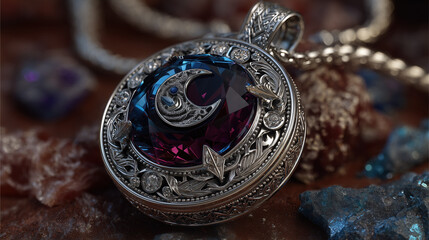 Silver moon gemstone pendant with filigree detail