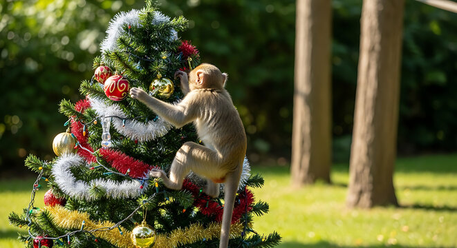 Brown macaque mother and baby with fur are sitting on a tree in the wild nature of Thailand's tropical forest