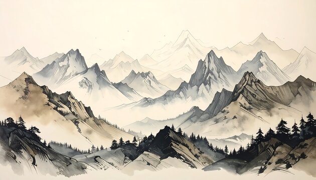 Watercolor painting of majestic mountain range with lush greenery and soft light