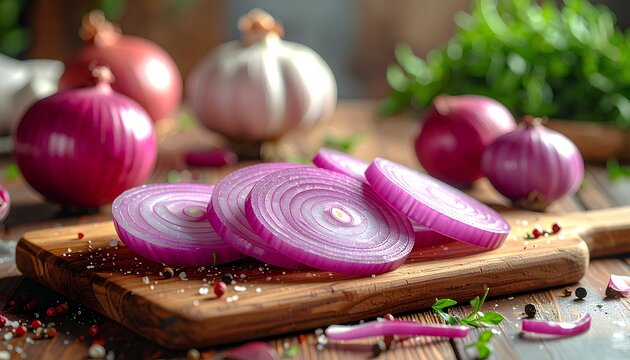 Slices of red onion on wooden board
