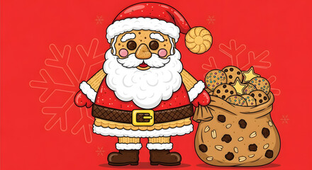 Whimsical Santa Claus with Bag of Cookies Illustration