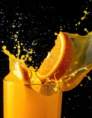 Orange slice splashing into juice glass, dark background