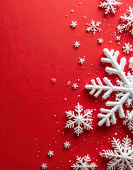 White snowflakes scattered on a vibrant red background