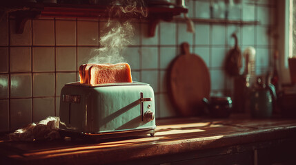 Side view toaster with steaming toast on counter