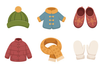 Detailed flat vector icons for cold weather apparel, showing jacket, scarf, mittens, hat, and traditional Asian winter shoes,