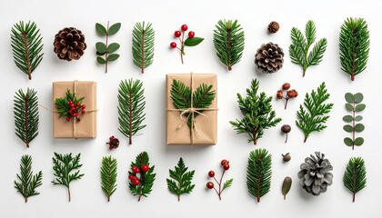 Festive flat lay, holiday foliage & gifts on white