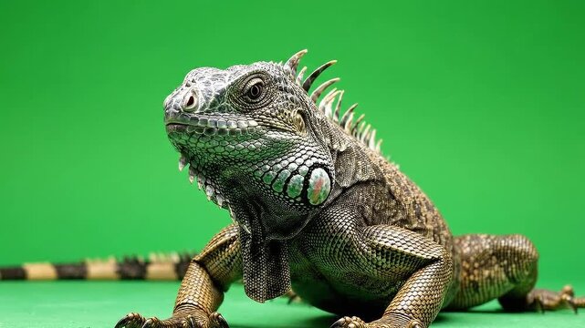 Iguana Reptile Isolated on Green Screen Background for VFX Projects and Creative Media Applications with Detailed Textures