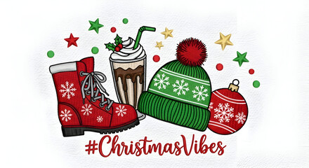 Festive winter image with a boot, drink, hat, ornament, and star graphics. The image is captioned &ldquo;ChristmasVibes&rdquo;.

