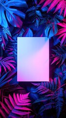 Neon plants frame a bright, white central blank space