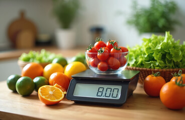 Fresh cherry tomatoes sit in clear bowl on modern kitchen digital scale. Various oranges, lemons, limes, green lettuce spread across wooden counter. Bright setting emphasizes healthy eating, home
