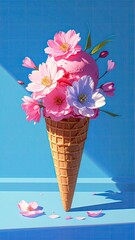 Pink ice cream & blossoms in waffle cone, on blue backdrop