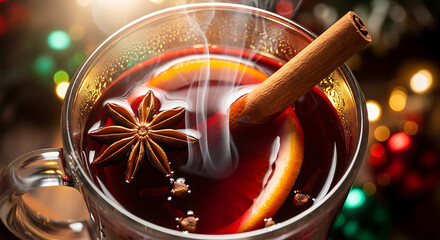 Hot mulled wine with cinnamon spice in a glass cup on white background