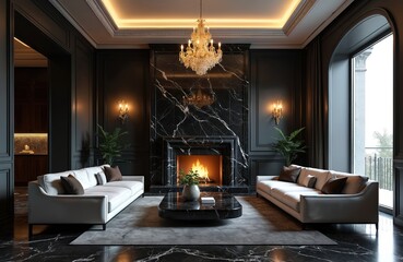 Luxurious living room features modern white sofas flanking marble fireplace with roaring fire. Elegant chandelier hangs above dark marble coffee table. Sophisticated interior design for wealthy