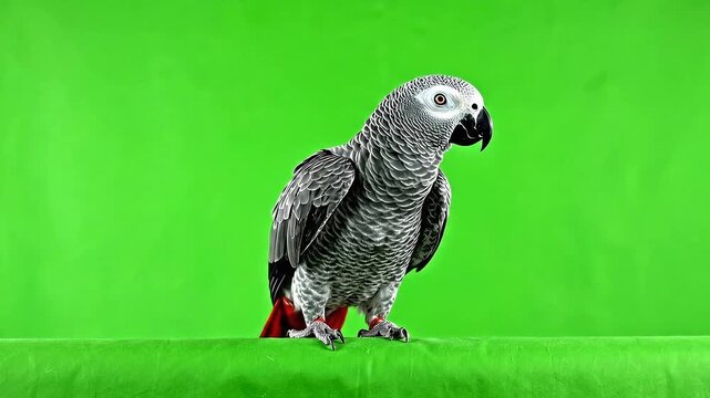 Intelligent African Grey Parrot Psittacus Erithacus With Vibrant Red Tail Feathers On Green Screen With Wings Slightly Spread