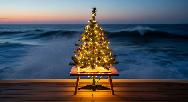 Tropical beach resort terrace view with a golden Christmas tree, chairs, and table under a sunset sky during a summer holiday vacation