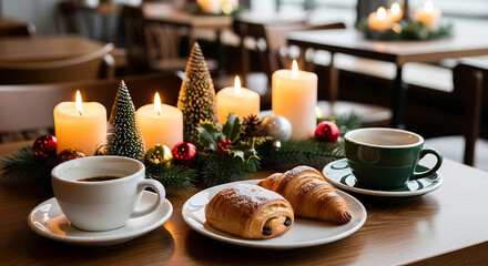 Delicious morning coffee and cookies snack on a table with flowers