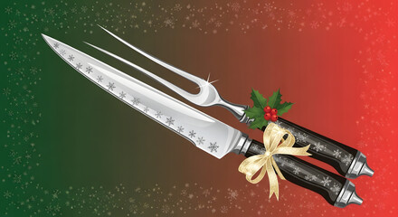 Festive Carving Set with Holly and Ribbon for Holiday Feasts
