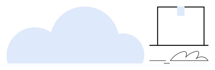 Blue cloud, box with tape, and curved motion lines suggest digital storage, package delivery, and speed. Ideal for technology, logistics, cloud storage, digital infrastructure efficiency mobility