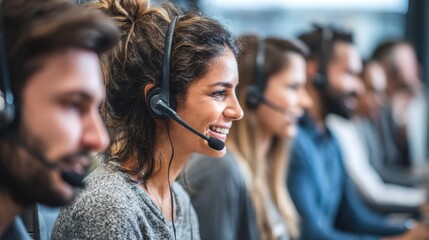 Dynamic team of call center agents providing exceptional customer service with cheerful smiles and focused approach.