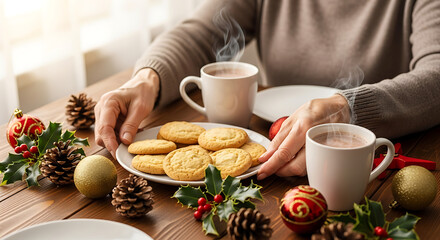 Young woman holding a cup of hot coffee and sweet snack on a cafe table during a morning break